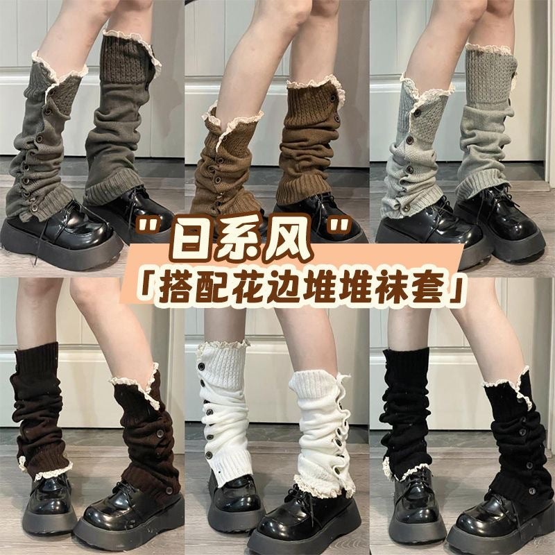 Palandot Stacked Stocking Cover With Lace Japanese Korean Medium-Style All-Match Sub-Culture Leg Cover Spice Girls Multicolor Button - Image 2